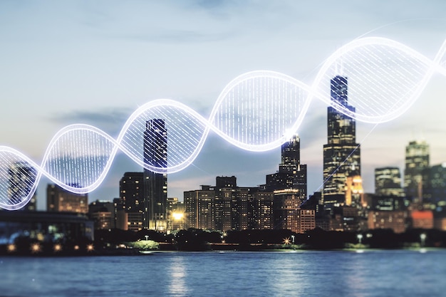 Virtuelle DNA-Symbol-Illustration auf dem Hintergrund der Skyline von Chicago Genome-Forschungskonzept Multiexposition