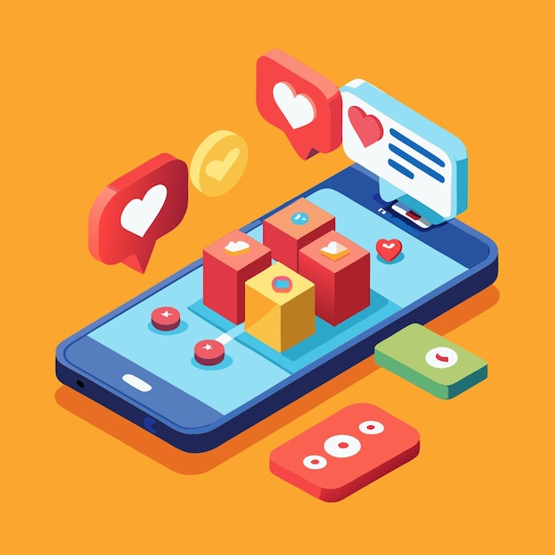 Virtuelle Kommunikation Isometrische Fließdiagramm mit Dating Liebe Herz E-Mail SMS Chat elektronische Geräte Nachrichten Symbole Vektor-Illustration