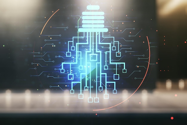 Virtuelle kreative Glühbirne mit Chip-Hologramm auf dem äußeren Hintergrund eines zeitgenössischen Geschäftszentrums Künstliche Intelligenz und neuronale Netzwerke Konzept Mehrfachbelichtung