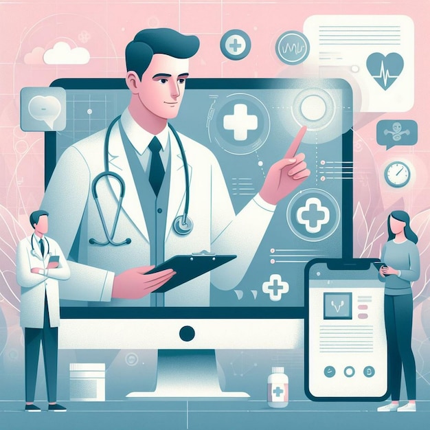 Virtuelle medizinische Konsultation Illustration Arzt und Patient Interaktion Online