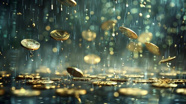 Foto virtuelle münzen, die in einem digitalen regensturm regnen, ki-generierte illustration