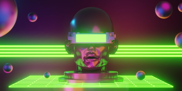 Virtuelle Realität von Metaverse vr mit Netzwerkspielen von Simulations-Cyberpunk-Gamer-Hintergrund 3D-Rendering-Illustration Scifi-KI-Robotertechnologie