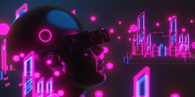 Virtuelle Realität von Metaverse vr mit Netzwerkspielen von Simulations-Cyberpunk-Gamer-Hintergrund 3D-Rendering-Illustration Scifi-KI-Robotertechnologie