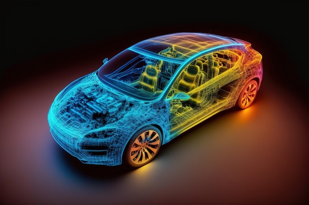 Foto virtuelle simulation eines zukünftigen elektroautos mit wireframe-prototypenmodell