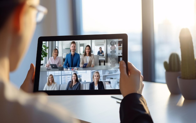 Foto virtuelle sitzung videokonferenz auf tablet-bildschirm team arbeitet durch gruppen-video-anruf teilen sie ideen