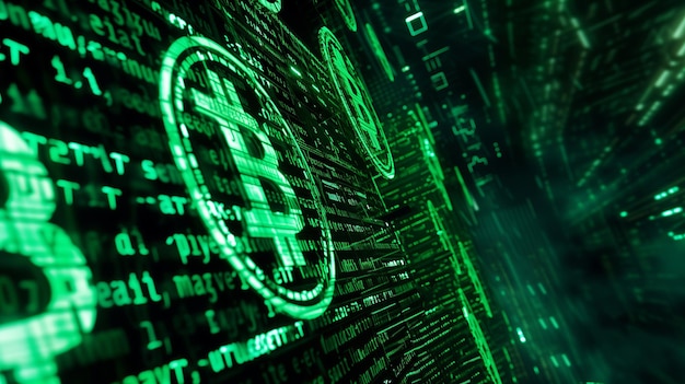 virtuelles Bitcoin-Symbol Krypto-Digitalwährung auf grünem Matrix-Hintergrund