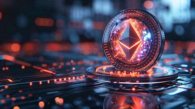 Virtuelles Ethereum-Münze-Symbol mit glühenden Lichteffekten für ein Kryptowährungstransaktionskonzept