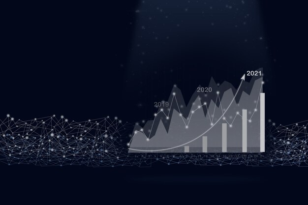 Virtuelles Gologramm von Statistiken, Diagramm mit Pfeil nach oben, Glanz und digitaler Linie. Geschäftswachstumskonzept