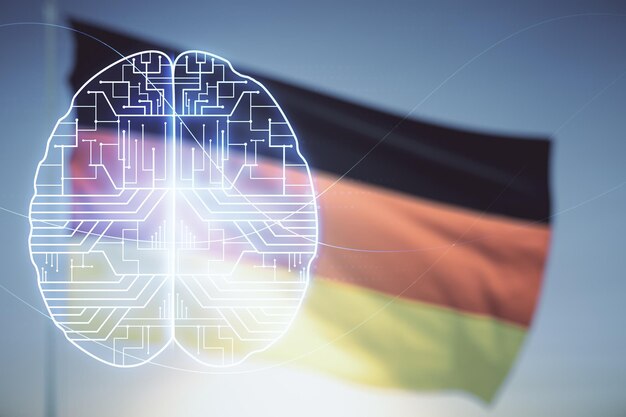 Virtuelles kreatives Hologramm für künstliche Intelligenz mit Skizze des menschlichen Gehirns auf der Flagge Deutschlands und Hintergrund des Sonnenuntergangs Mehrfachbelichtung