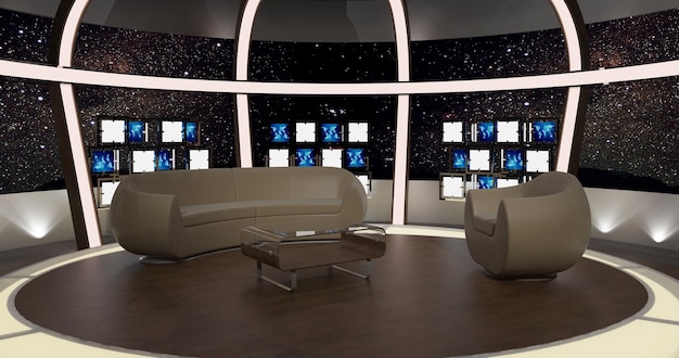 Virtuelles TV-Studio-Chat-Set. Hintergrund des grünen Bildschirms. 3D-Rendering