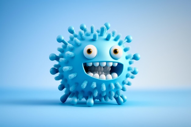 Un virus 3D azul lindo y peculiar con cara sonriente