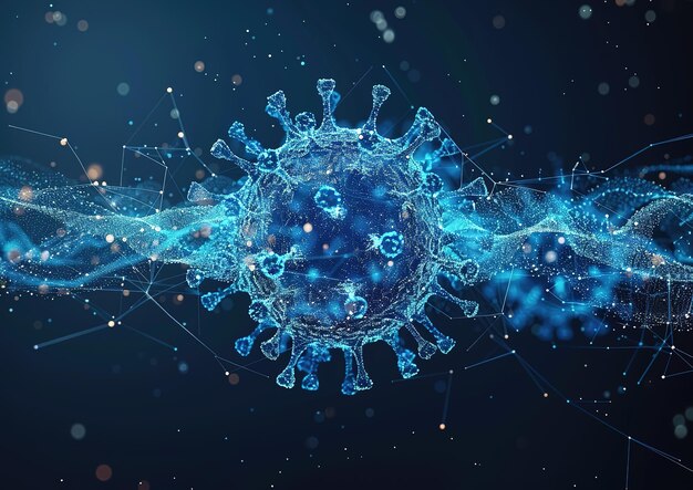 Un virus azul se muestra en una imagen generada por computadora