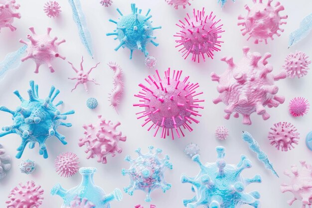 Foto virus y bacterias de colores en un fondo blanco concepto científico