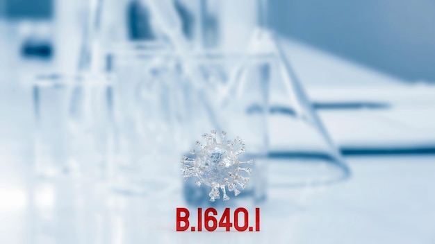 El virus claro y el texto rojo b.1640.1 en la representación 3d del fondo del laboratorio