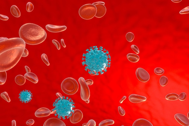 Virus corona dispersos con representación 3d de fondo de sangre