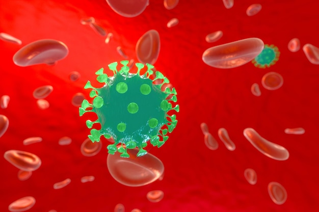 Virus corona dispersos con representación 3d de fondo de sangre