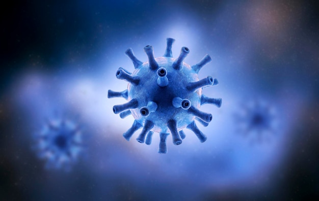 Virus dentro de la célula sobre fondo azul oscuro SARSCoV2 corona o virus de la gripe primer plano ilustración 3d