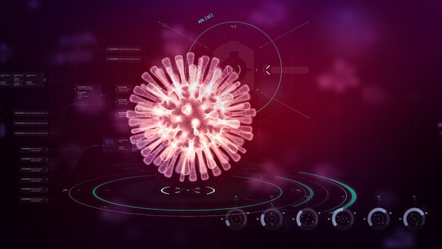 Virus de estructura metálica de renderizado 3D para el concepto de brote de coronavirus Covid-19, con fondo de estructura química, médico 3D de células flotantes del virus de la influenza en vista microscópica, concepto de riesgo pandémico