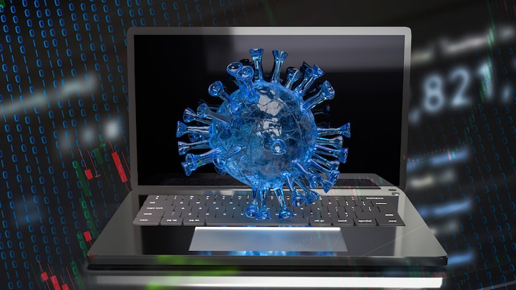 Foto el virus y el gráfico en el portátil para empresas en concepto de brote 3d rendering