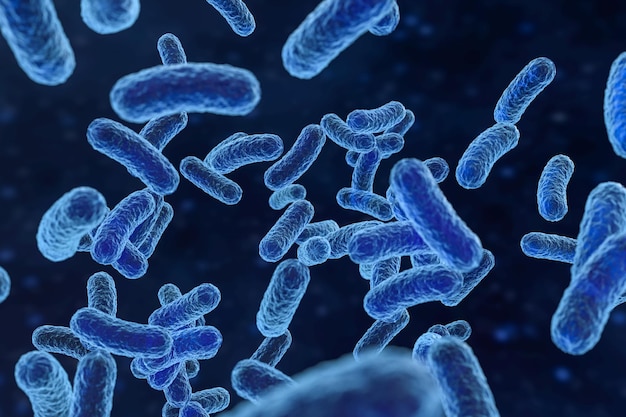 Virus infeccioso con detalles de superficie sobre fondo azul renderizado 3d