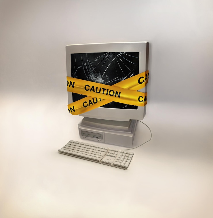 Foto virus informático y pantalla rota con advertencia y malware con 404 y cinta de precaución error de conexión cibernética y problema tecnológico en un fondo de estudio con seguridad del sitio web y falla de pc
