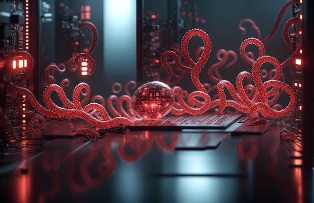 Virus monstruo en una placa de circuitos de computadora renderización en 3D