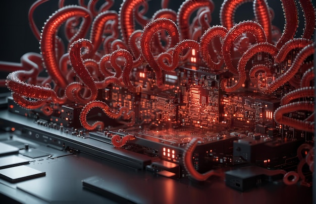 El virus de Monters en una placa de circuitos de computadora renderización 3D