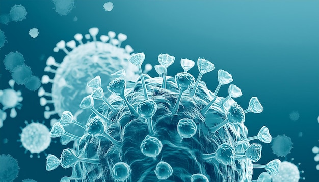 Virus o bacterias microscópicas abstractas Microbiología y biología renderización 3D Fondo científico