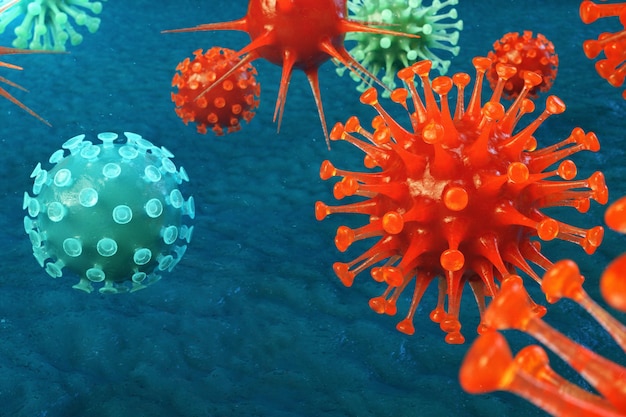 Vírus patogênicos de ilustração 3D causando infecção no organismo hospedeiro. Epidemia de doenças virais. Abstrato de vírus. Vírus, bactérias, organismo infectado por células.