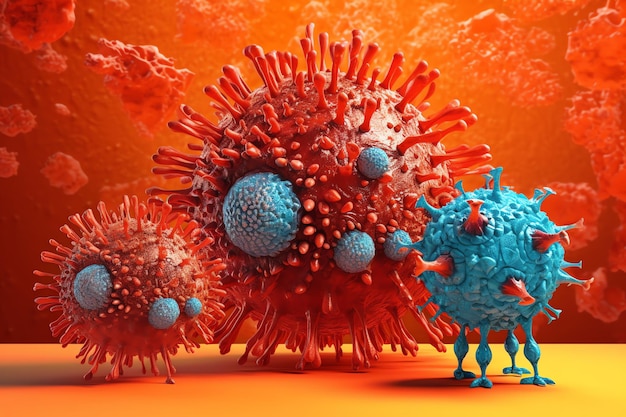 Un virus rojo y azul está rodeado de otros virus.