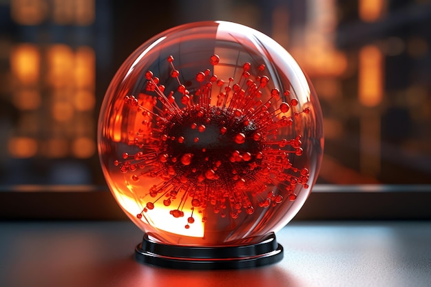 Un virus rojo en una esfera de cristal.