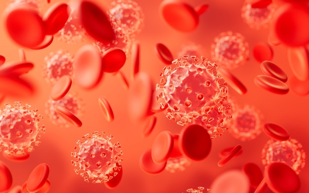 Virus und rote Blutkörperchen 3D-Rendering Digitale Zeichnung