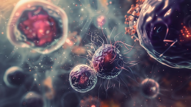 Viruses y bacterias microscópicas flotantes con representación 3D de la foto médica de fondo