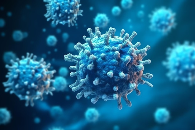 Viruszellen oder Bakterien vor blauem Hintergrund Mehrere realistische schwebende Coronavirus-Partikel