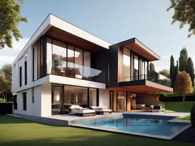 Visão 3D de uma casa moderna realista Projeto de casa modelo 3D Projeto de casa moderna