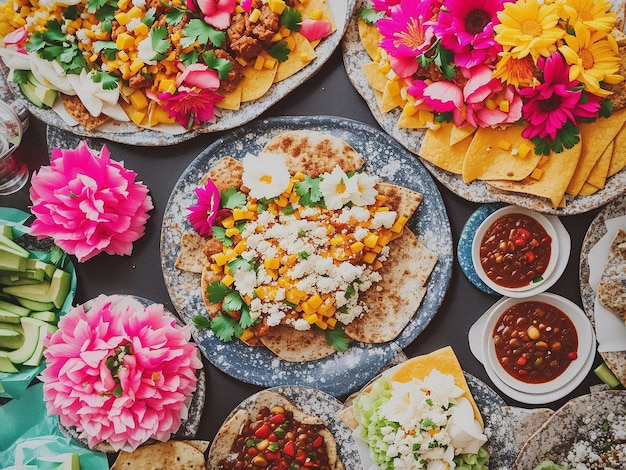 Visão aérea de comida mexicana decorada Generative Ai