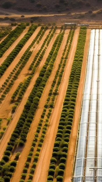 visão aérea de drones de estufas em uma fileira