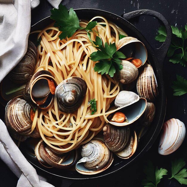 Visão aérea de linguini de mariscos cozidos no vapor e salsa em caçarola