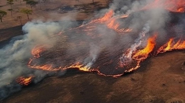 visão aérea de um campo de pastagens queimando com fogo vermelho durante a estação seca