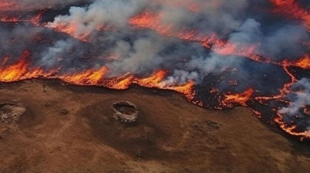 visão aérea de um campo de pastagens queimando com fogo vermelho durante a estação seca