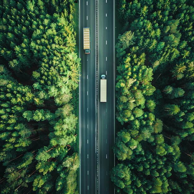 Foto visão aérea de um carro dirigindo em uma estrada através de uma floresta generativa ai
