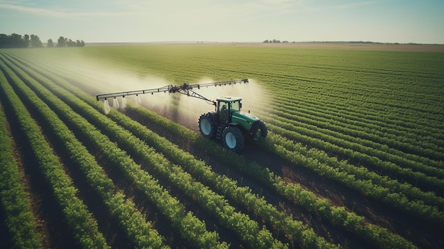 Foto visão aérea de um trator pulverizando um campo de trigo verde no campo