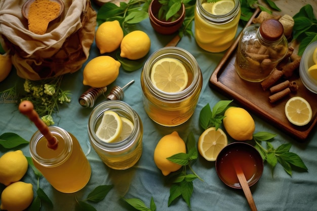 Visão aérea dos ingredientes da limonada em uma mesa criada com IA generativa