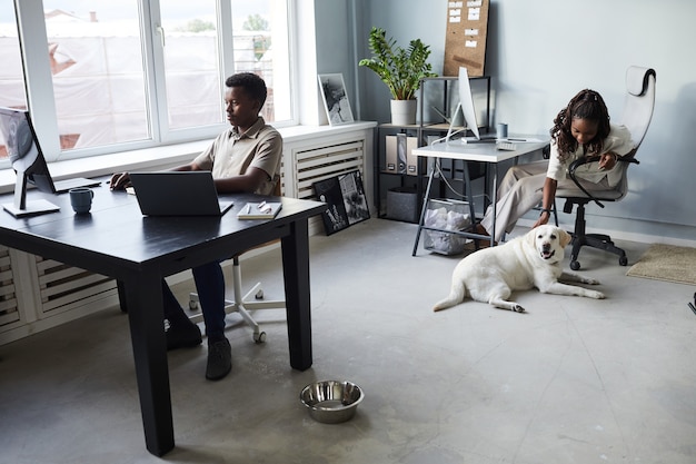 Foto visão ampla de uma mulher afroamericana acariciando um cachorro enquanto trabalha em um escritório que aceita animais de estimação.