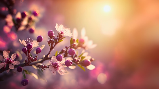 Visão aproximada da floração da cereja ou sakura com bokeh de foco seletivo e arte gerada pela rede neural de luz artística