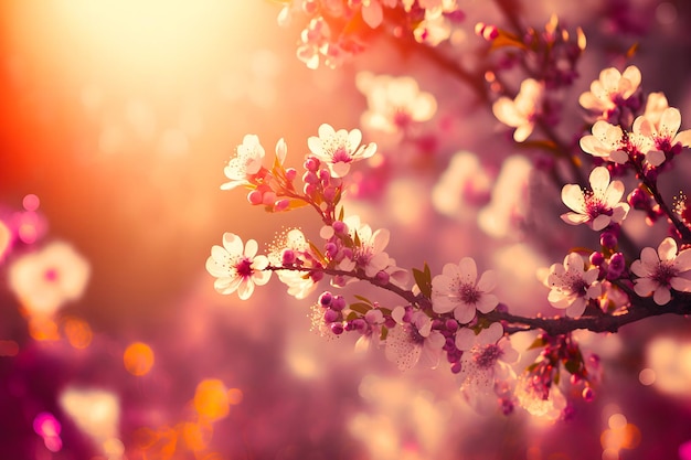 Visão aproximada da floração da cereja ou sakura com bokeh de foco seletivo e arte gerada pela rede neural de luz artística