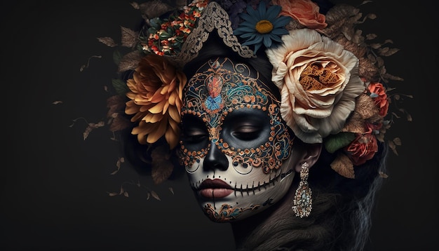 visão aproximada da garota com máscara para um tradicional feriado mexicano do dia dos mortos. IA generativa