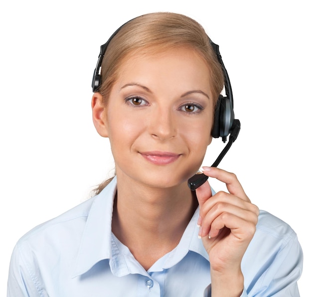 Visão aproximada da mulher com fones de ouvido, call center ou conceito de suporte