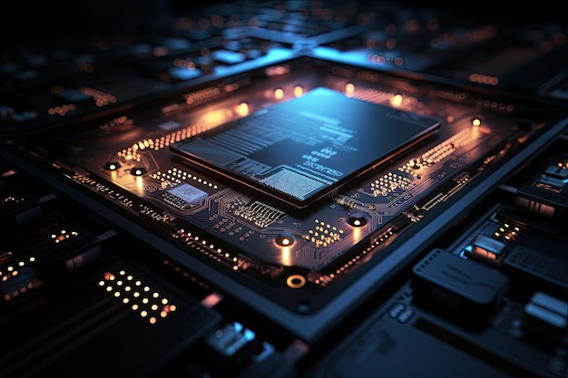 Visão aproximada da renderização 3D da placa de circuito eletrônico moderna Closeup de superfície de microchip futurista com luz brilhante AI Gerada