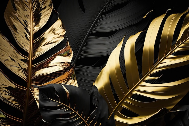 Visão aproximada das folhas tropicais pretas e douradas Os detalhes intrincados das folhas são visíveis com sua superfície texturizada e cores vivas A combinação de cores preto e dourado é uma IA elegante